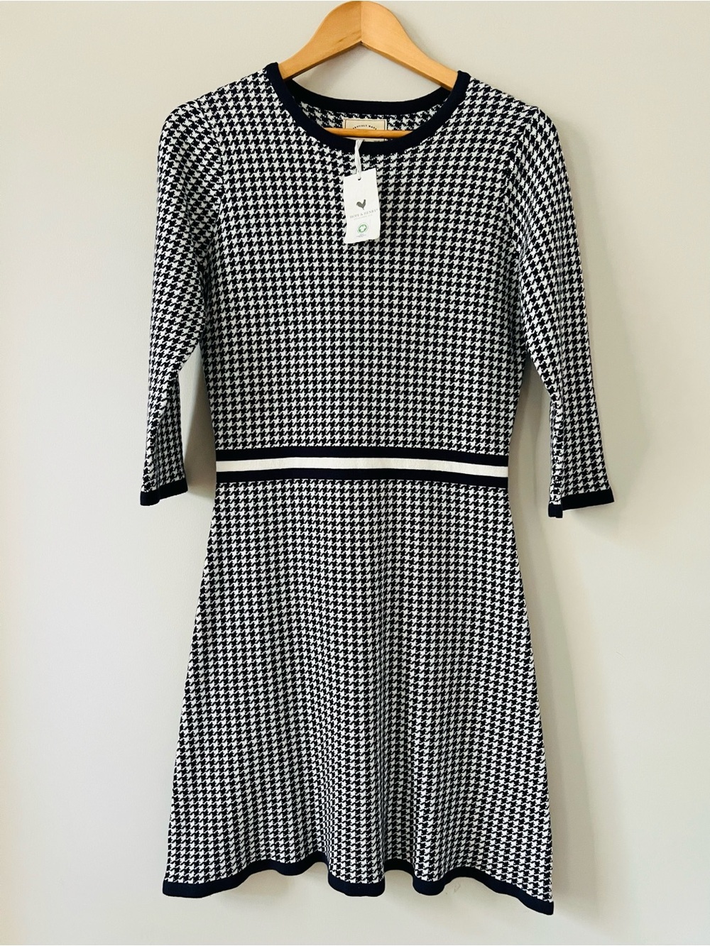 Hope & Henry Houndstooth Fit & Flare Knee high  Dress Navy & White Organic Size4